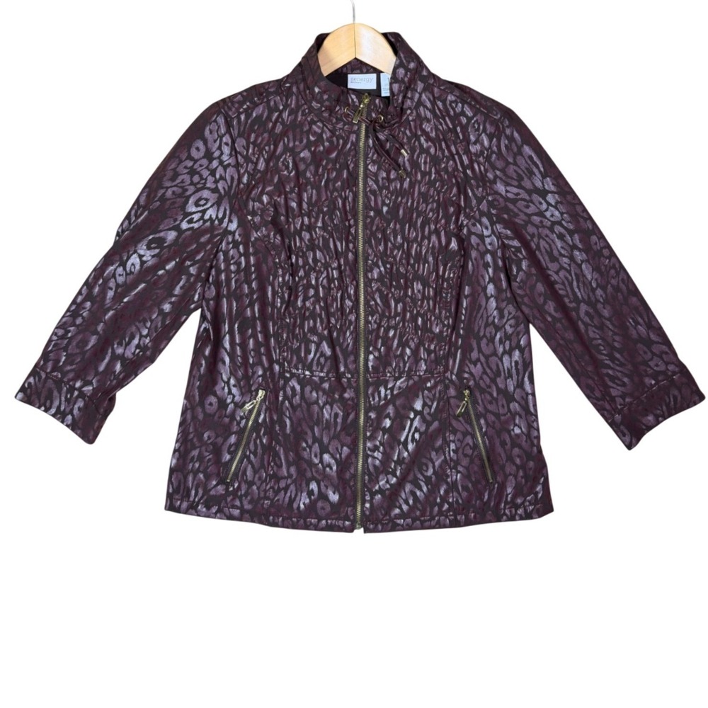 Chico's Zenergy Jacket Women M Purple Metallic Leopard Print Zip Mock Neck Neema